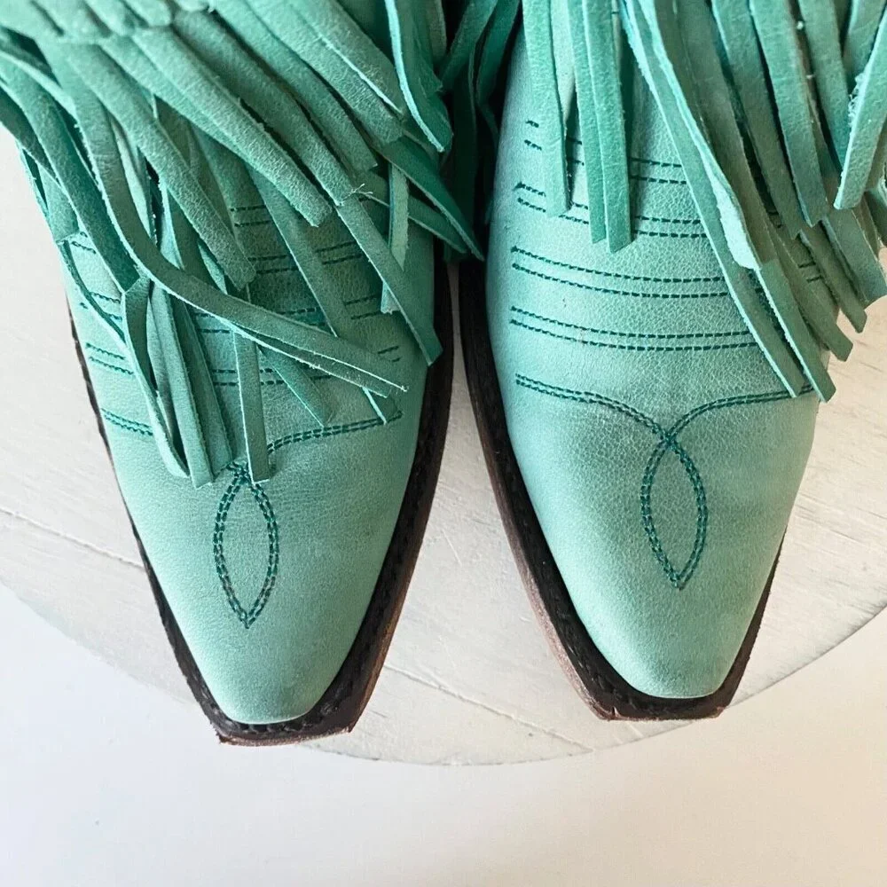 Lane Junk Gypsy Spitfire Fringe Cowboy Boots Turquoise Short Ankle Booties 5 New
